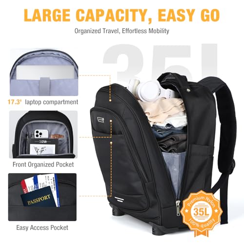 17-Wheel Laptop Backpack for Travel - Water Resistant, Black