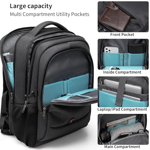 DUSLANG 17 Inch Water Resistant Laptop Backpack for Men/Women, USB Charging Port, Black